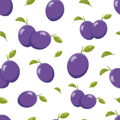 Oval purple cartoon plums and green leaves of plum are scattered on white background; seamless vector background with fruits and leaves of plum. Spring pattern with single plums and pairs of plums.