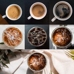 glass of coffee with milk. top view set