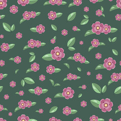 Seamless vector pattern with dark pink flowers and leaves on the dark green background. Floral seamless pattern with stylized illustrations of cartoon flowers of plum, cherry or sakura and  leaves.