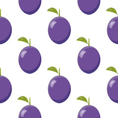 Seamless vector pattern with oval purple cartoon fruits of plum. Single plums with green leaves are arranged in rows on white background. Cute simple pattern with plums about gardening, healthy food.