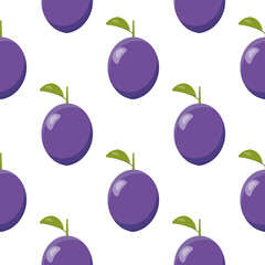 Seamless vector pattern with oval purple cartoon fruits of plum. Single plums with green leaves are arranged in rows on white background. Cute simple pattern with plums about gardening, healthy food.