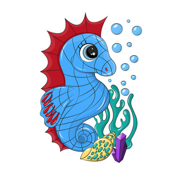 Illustration of a cute seahorse in blue color is performed on a white background. The sea animal is designed for the children's group of goods and packaging. Fun marine animal print.
