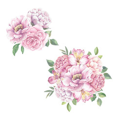 Set of bouquets of roses and peonies on a white background.