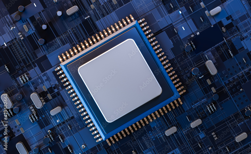 Poster concept future electronic circuit board with processor close up.