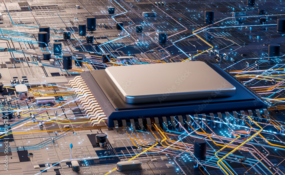Poster closeup view of a modern micro chip cpu gpu card with circuit and connections colorful lights