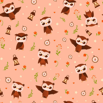 Childish bedding cute seamless pattern with owl animal character in different poses with flowers