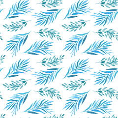 Watercolor pattern with blue leaves. Abstract botanical pattern with leaves. Bright blue twigs. Deciduous pattern.