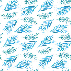 Watercolor pattern with blue leaves. Abstract botanical pattern with leaves. Bright blue twigs. Deciduous pattern.