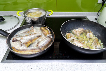 fish is cooked in two pans on an electric stove