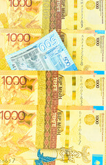 Kazakhstan tenge banknotes. Currency exchange concept. Money background. Selective focus. Copy space.