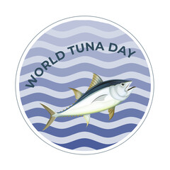 Cartel para celebrar del día mundial del atún, ilustración con mar y atún feliz. Fiesta del atún el 2 de mayo. El pescado comercial, el concepto de productos marinos.