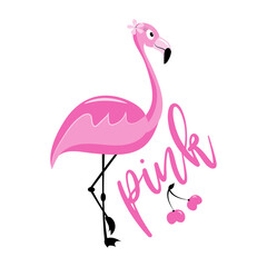 Pink - Funny flamingo with cherry.  Isolated on white background. Good for T shirt print, poster, card, travel set , sticker and other gift design.