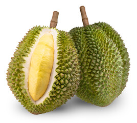 Fresh durian with leaf isolated on white background, Durian fruit isolated on white background With...