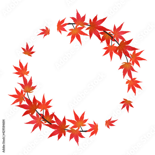 紅葉したモミジの枝葉のフレーム 丸 水彩画風加工 Wall Mural Katie