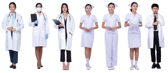 Asian Man Woman are Doctor and Nurse in uniform, full length isolated