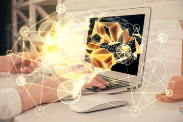 Multi exposure of woman hands working on computer and brain hologram drawing. Ai concept.