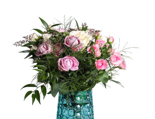 Beautiful bouquet with roses on white background. Space for text