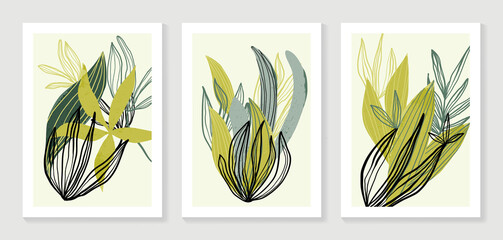 Botanical wall art vector set. Water color boho foliage line art drawing with  abstract shape.  Abstract Plant Art design for print, cover, wallpaper, Minimal and  natural wall art.