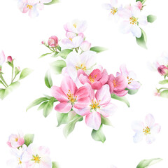 Picturesque seamless floral pattern of the apple blossom arrangements with flowers, leaves and buds  hand drawn in watercolor isolated on a white background. Watercolor floral pattern.	