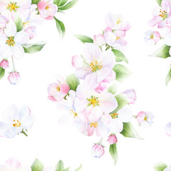 Fototapeta na wymiar Picturesque seamless floral pattern of the apple blossom arrangements with flowers, leaves and buds hand drawn in watercolor isolated on a white background. Watercolor floral pattern. 