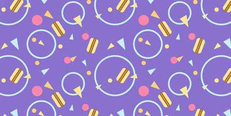Abstract trendy hot dog seamless pattern. Bright hipster geometric figures background. Awesome design for wrapping paper, textile fabric, branding, business. Flat vector illustration seamless pattern.