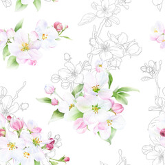 Obraz na płótnie Canvas Picturesque seamless floral pattern of the apple flowers, green leaves and buds hand drawn in watercolor mixed with contour elements isolated on a white background. 