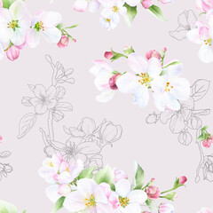Picturesque seamless floral pattern of the apple flowers, green leaves and buds hand drawn in watercolor mixed with contour elements isolated on a light beige background.	
