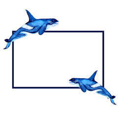 Blue shark and dolphin, watercolor hand drawn illustration. Rectangular frame Summer mood, sea, ocean.