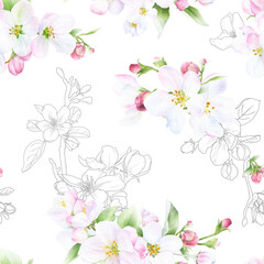 Obraz na płótnie Canvas Picturesque seamless floral pattern of the apple flowers, green leaves and buds hand drawn in watercolor mixed with contour elements isolated on a white background. 