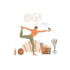 Hand drawn vector abstract stock graphic bohemian clipart illustration with young happy male character,meditating and yoga practitioner scene isolated on white background