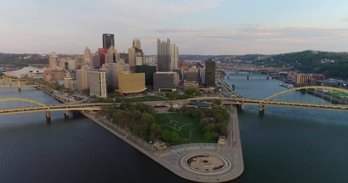 Sunset At Downtown Pittsburgh With Tall Buildings And Bridges, Golden Triangle