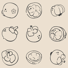 Collage of nine fruits. Set of hand drawn mangosteen. Minimalist charcoal outlines. Isolated on beige. Illustrations for grocery stores, cover designs, interiors, advertisements, grocery stores, menus