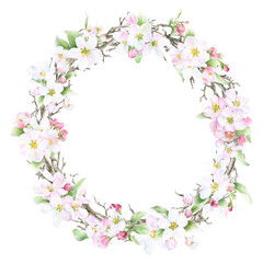 Obraz na płótnie Canvas Floral spring wreath with pink apple flowers, dry branches and green leaves hand drawn in watercolor isolated on a white background. Watercolor illustration. Floral watercolor wreath 