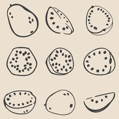 Collage of nine fruits. Set of hand drawn guava. Minimalist charcoal outlines. Isolated on beige. Illustrations for grocery stores, cover designs, interiors, advertisements, grocery stores, menus.