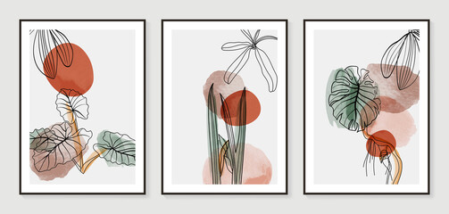 Botanical wall art vector set. Water color boho foliage line art drawing with  abstract shape.  Abstract Plant Art design for print, cover, wallpaper, Minimal and  natural wall art. © TWINS DESIGN STUDIO