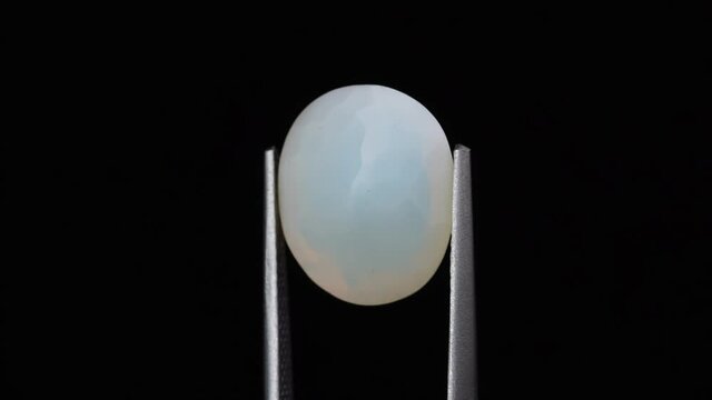 natural opal gemstone in the tweezer on the background
