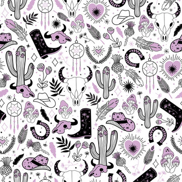 Cowgirl seamless vector pattern. Western rodeo boho repeating background black line art. Cowboy boots, cowgirl hat, cactus, dessert, skull bohemian feathers, plants, horseshoe isolated for fabric