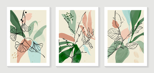 Botanical wall art vector set. Water color boho foliage line art drawing with  abstract shape.  Abstract Plant Art design for print, cover, wallpaper, Minimal and  natural wall art. © TWINS DESIGN STUDIO