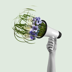 Contemporary art collage, modern design. Retro style. Megaphone with bouquet with blooming spring...
