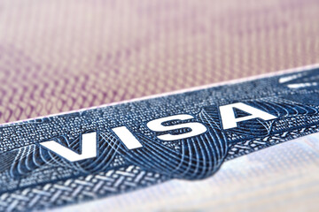 U.S.  VISA United States of America. American Tourist or Green Card Visa on passport background.