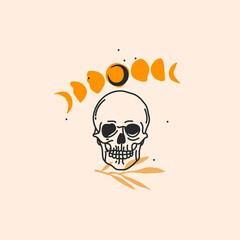Hand drawn vector abstract stock flat graphic illustration with logo elements,magic line art of human skull,moon phase and flower leaves in simple style for branding ,isolated on color background