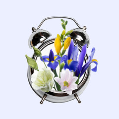 Contemporary art collage, modern design. Retro style. Clock with bouquet with blooming spring flowers on pastel background