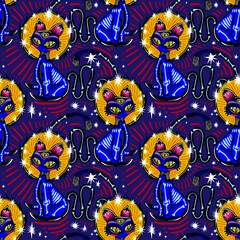 Magic folk contemporary style bone zombie three eye Cat demon seamless pattern. Retro modern kitty aesthetic background.