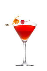 Traditional Manhattan cocktail with cherry isolated on white background