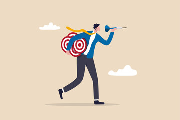 Handle multiple businesses simultaneously, multi purpose or multitasking, side hustle or side job concept, confident businessman carrying many dartboard target.
