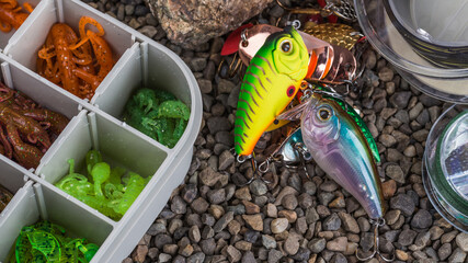 Spain.August 22, 2020.Fishing tackle - fishing spinning, lures and wobblers.Closeup of a fishing...
