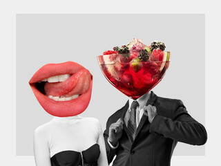 Contemporary art collage, modern design. Retro style. Couple headed with tasty cocktail with berries and big female mouth on pastel background