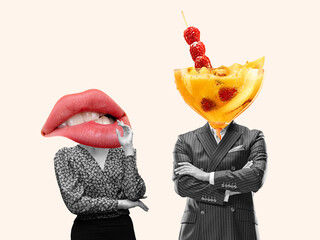 Contemporary art collage, modern design. Retro style. Couple headed with tasty cocktail with...