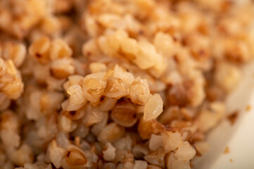 Boiled buckwheat porridge. The texture of buckwheat top view.