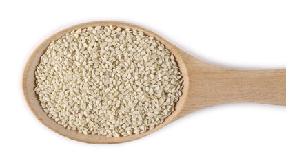 Sesame seeds in wooden spoon isolated on white background, top view